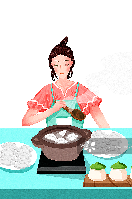 二十四节气冬至习俗城市女性煮饺子插画图片素材