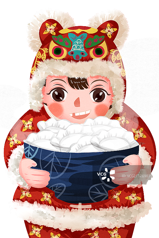 二十四节气冬至习俗孩童吃饺子插画图片素材