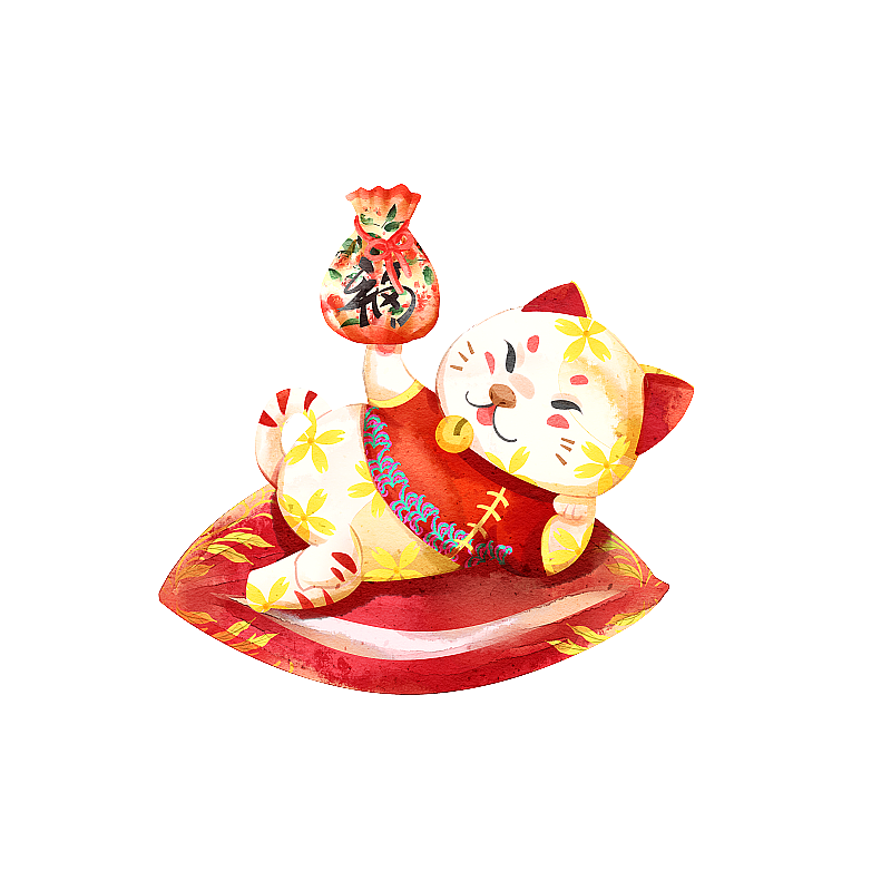 水彩风格春节习俗招财猫手拿着福袋插画图片素材