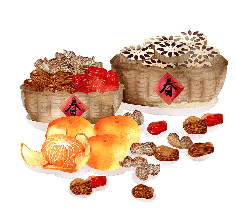 水彩风格春节习俗年货年糖年饼插画图片素材