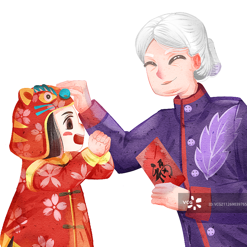 水彩风格春节习俗拜年发压岁钱插画图片素材