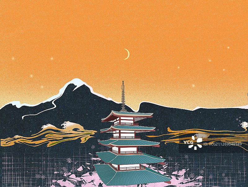 日本富士山和新仓山浅间神社图片素材