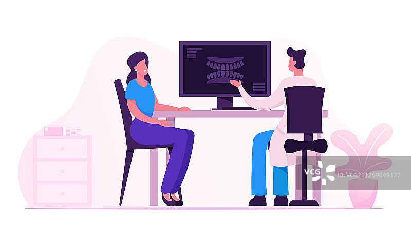 牙医向病人展示牙齿X光片图片素材