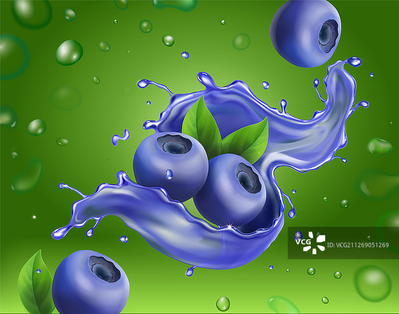 绿色背景逼真蓝莓果汁图片素材