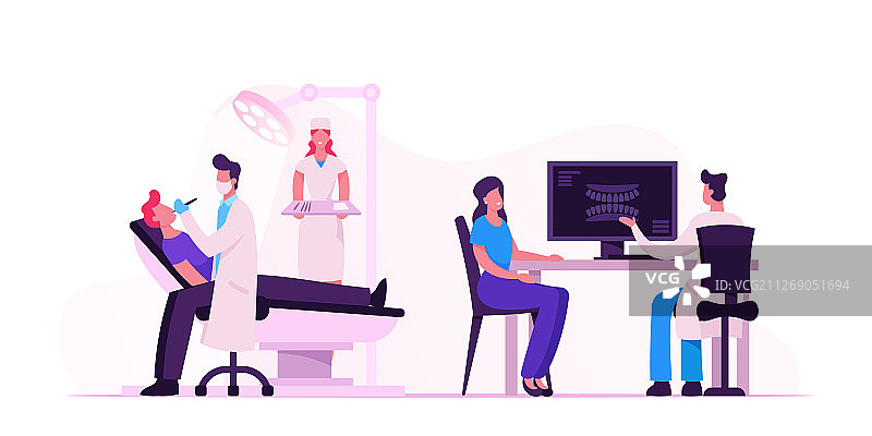 一个男人躺在牙科医生的医疗椅上图片素材