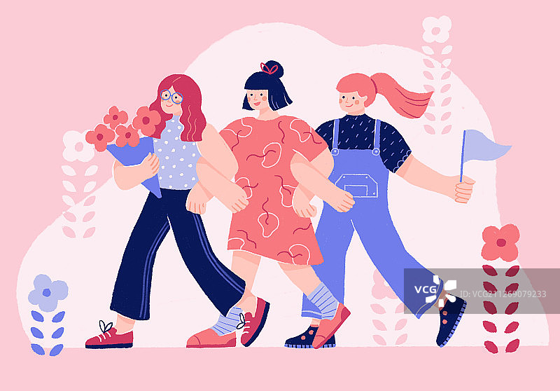 春天闺蜜赏花插画图片素材