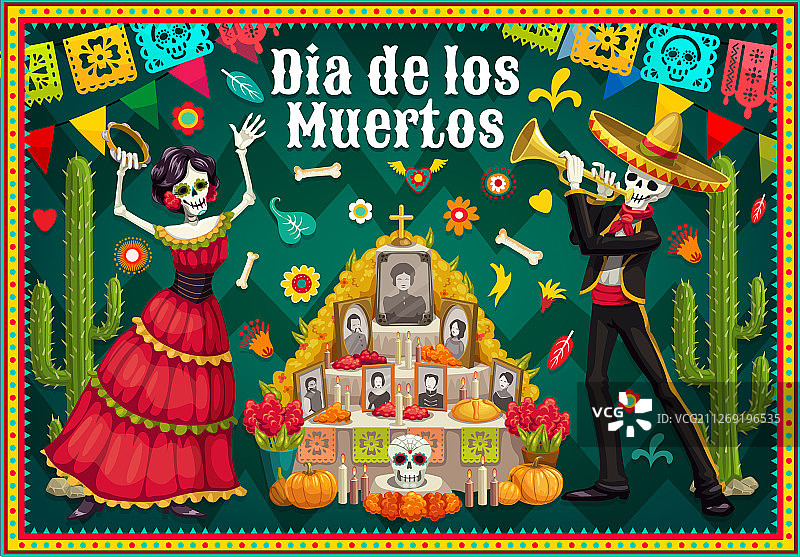 卡特里娜和骷髅在亡灵节祭坛旁图片素材