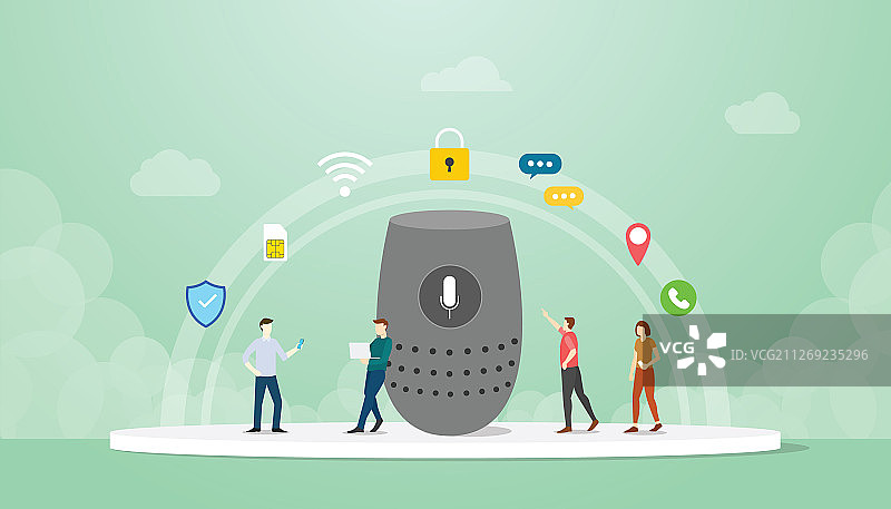 智能音箱概念人们使用智能手机图片素材