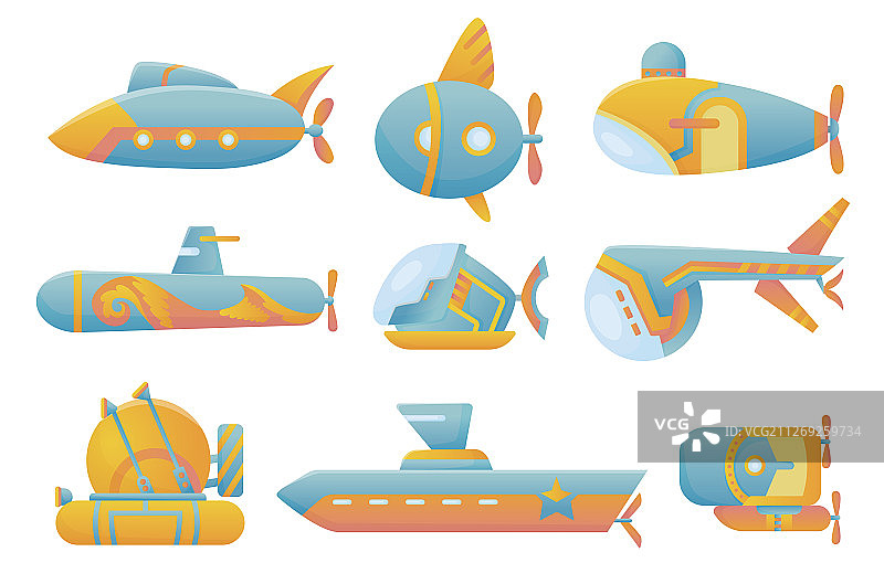 海底卡通蓝黄色潜水艇图片素材