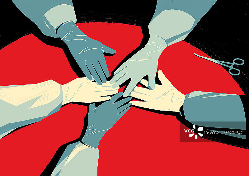 医生戴着手套互相牵手的插画图片素材