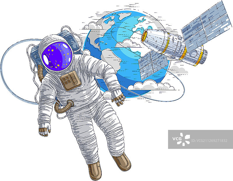 宇航员在与太空相连的开放空间中飞行图片素材