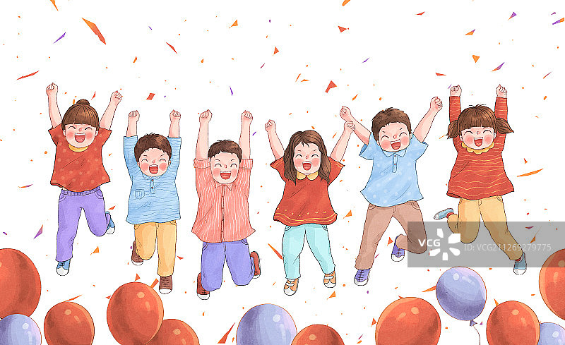 开心跳跃的孩子们儿童节插画白底3图片素材