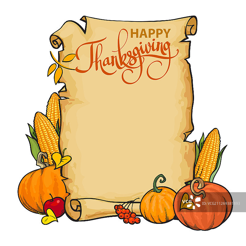 带有感恩节快乐字样的旧纸卷图片素材