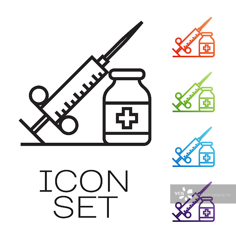 带针头和药瓶的黑色线条医用注射器图片素材