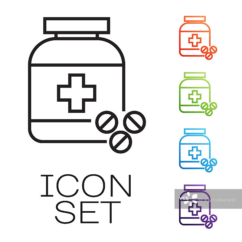 药瓶黑线与药丸图标隔离图片素材