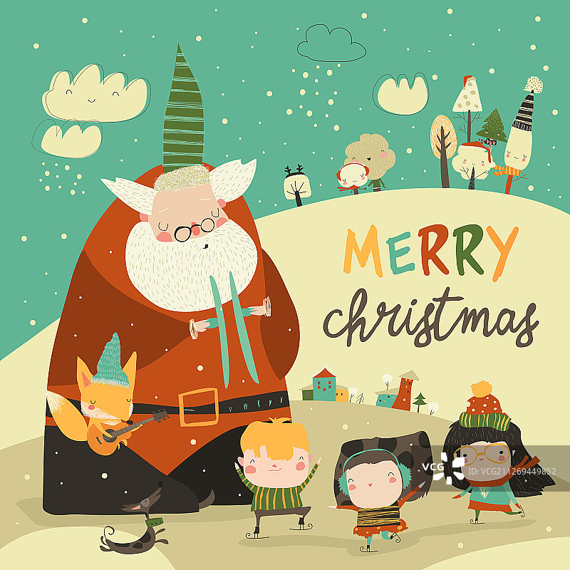 与可爱驯鹿一起庆祝圣诞节的滑稽圣诞老人图片素材