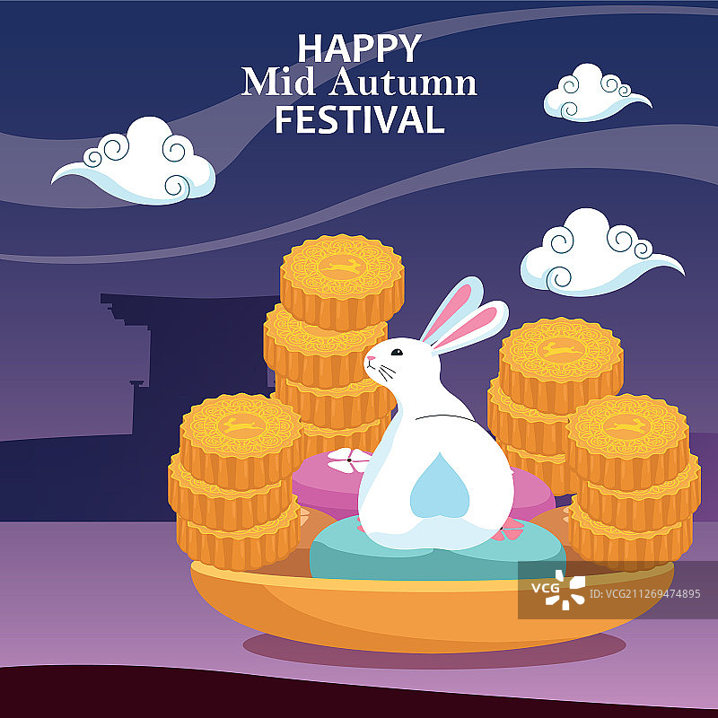 月饼与兔子欢庆中秋节图片素材