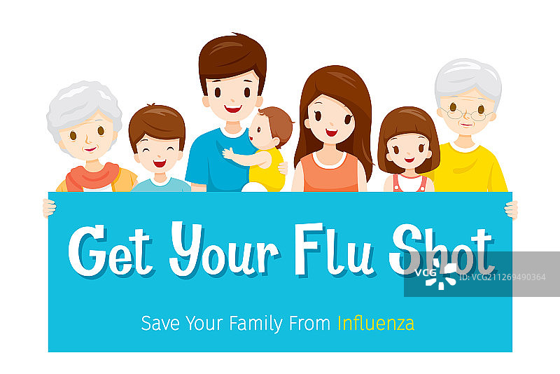 一家人拿着标牌，提醒接种流感疫苗图片素材