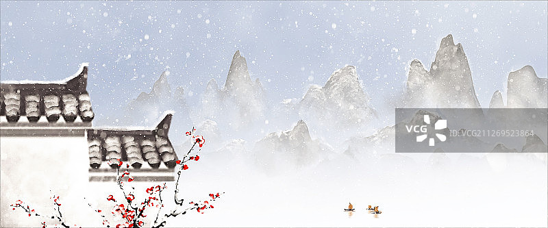 中国风水墨白墙冬季背景插画图片素材