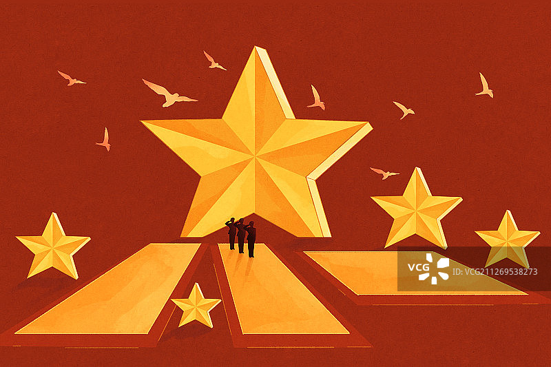 八一建军节金色五角星插画红色图片素材