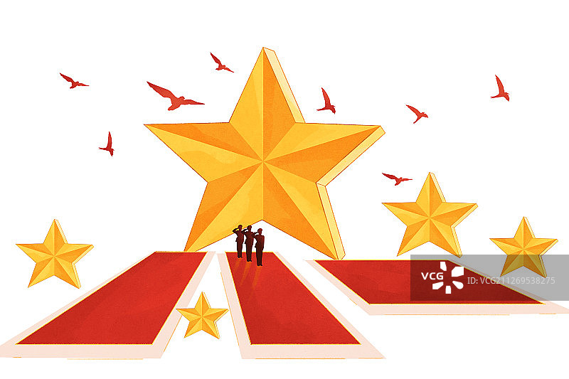 八一建军节金色五角星插画白底4图片素材