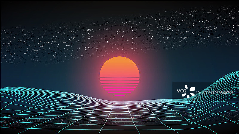 80年代日落线框3D复古景观图片素材