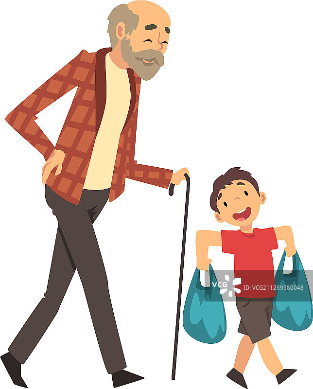 男孩帮助祖父拿包裹的卡通图片素材