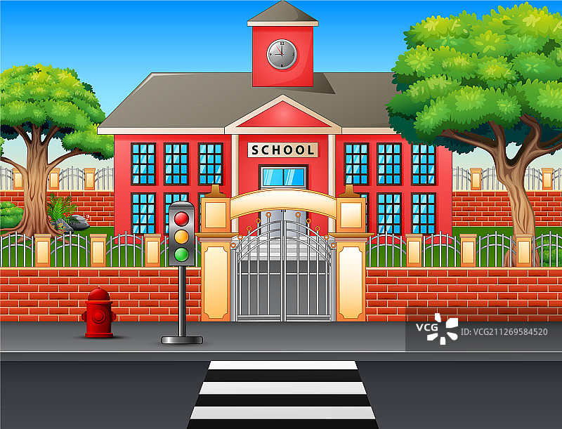 学校前的斑马线和交通灯图片素材