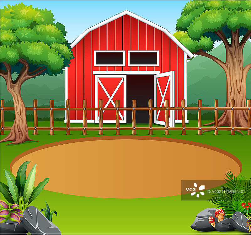 中间带有红色小屋的农场景观图片素材
