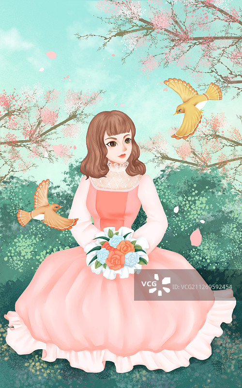 春天花园里的少女和飞鸟插画图片素材