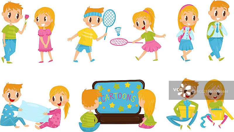 卡通男孩女孩角色共度时光图片素材