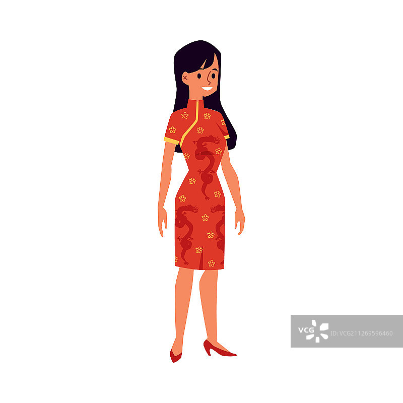 穿着中国传统红色连衣裙的漂亮女人（扁平风格）图片素材