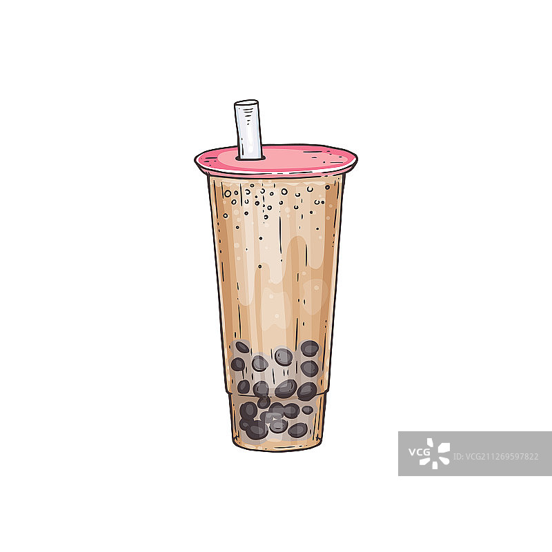 带吸管和木薯淀粉的珍珠奶茶鸡尾酒草图图片素材