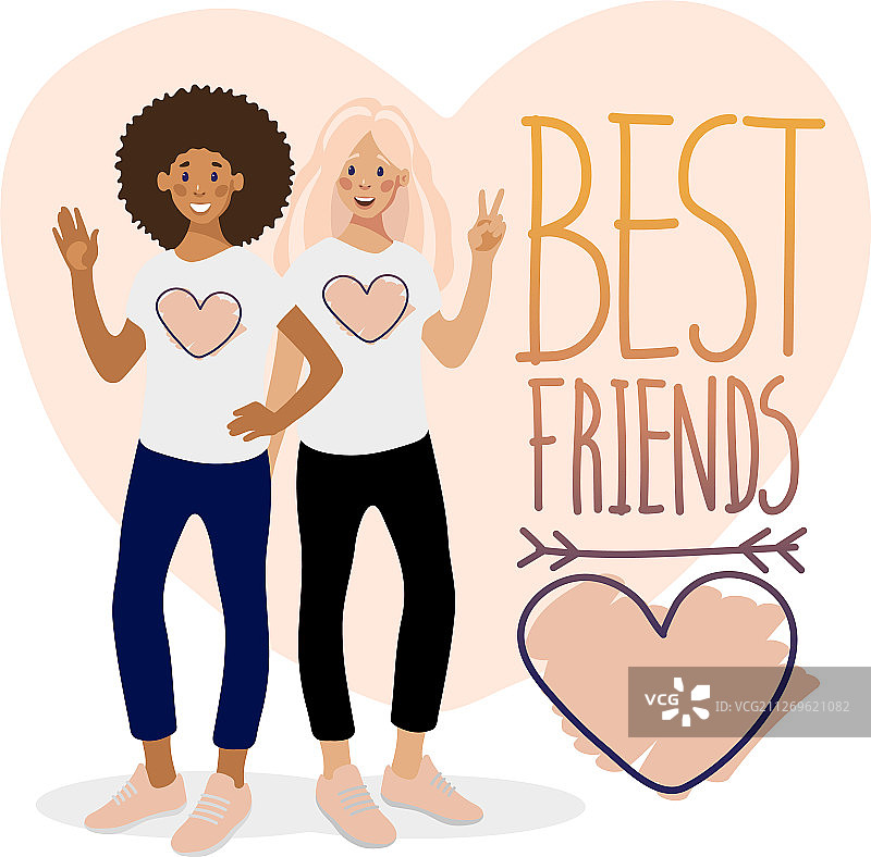 两个微笑的女孩手绘短语和爱心图片素材