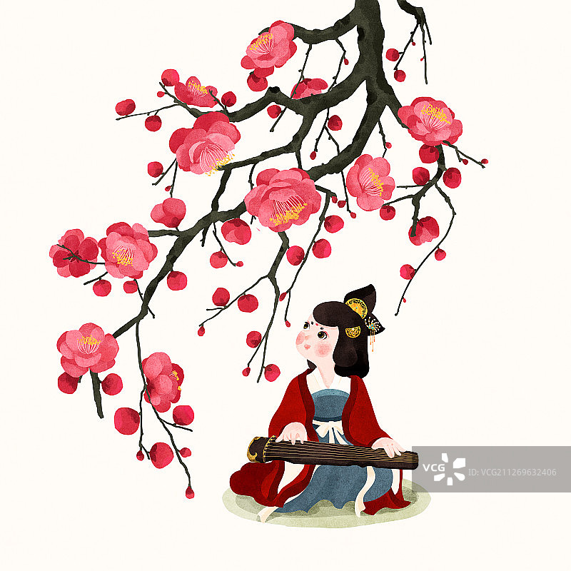 节气大寒弹古琴的唐朝美人与红梅图片素材