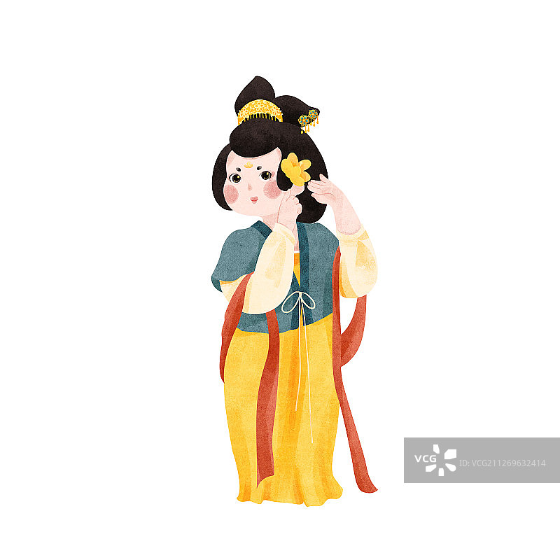 戴迎春花的黄裙绿衣唐朝美人插画图片素材