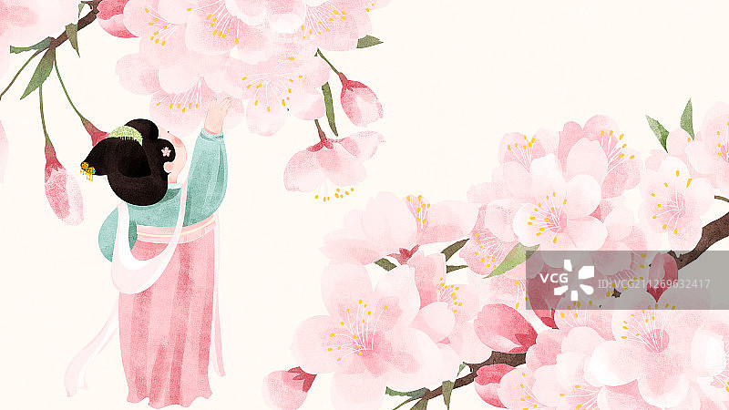 节气雨水伸手托花的唐朝美人与樱花图片素材