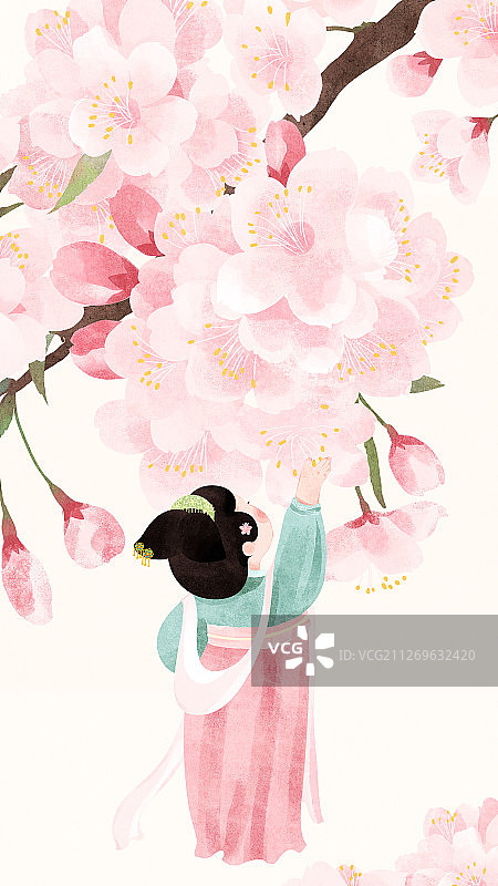 节气雨水伸手托花的唐朝美人与樱花图片素材