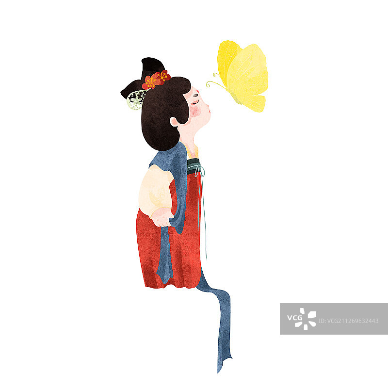 侧身站立的白衣红裙唐朝美人插画图片素材