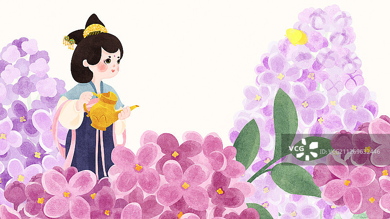 节气小满在紫丁香花中给花浇水的唐朝美人图片素材