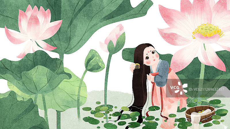 节气夏至荷花下洗头梳头发的唐朝美人图片素材