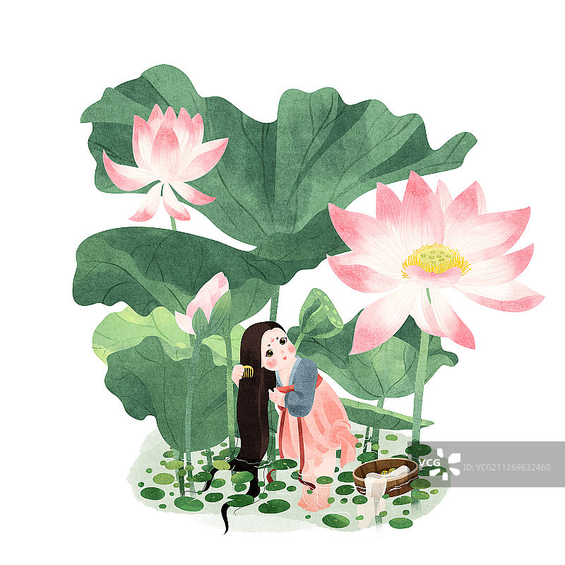 节气夏至荷花下洗头梳头发的唐朝美人图片素材