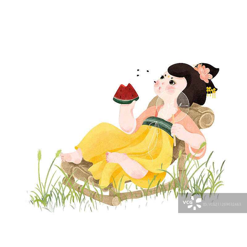 躺在竹椅上吃西瓜吐瓜子的唐朝美人插画图片素材