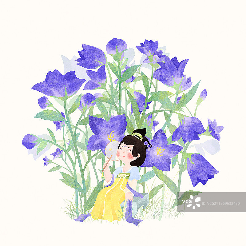 节气小暑坐在桔梗花前执团扇乘凉的唐朝美人图片素材