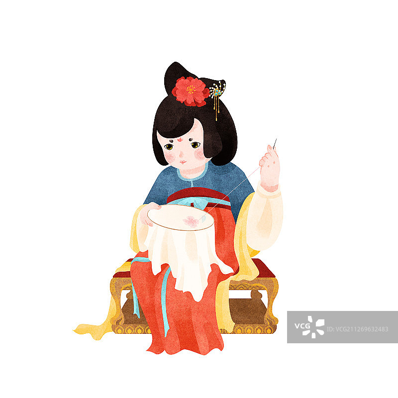 坐在金凳子上绣花的蓝衣橙裙唐朝美人插画图片素材