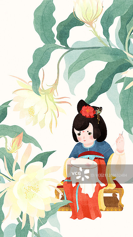 节气白露昙花下坐在椅子上绣花的唐朝美人图片素材