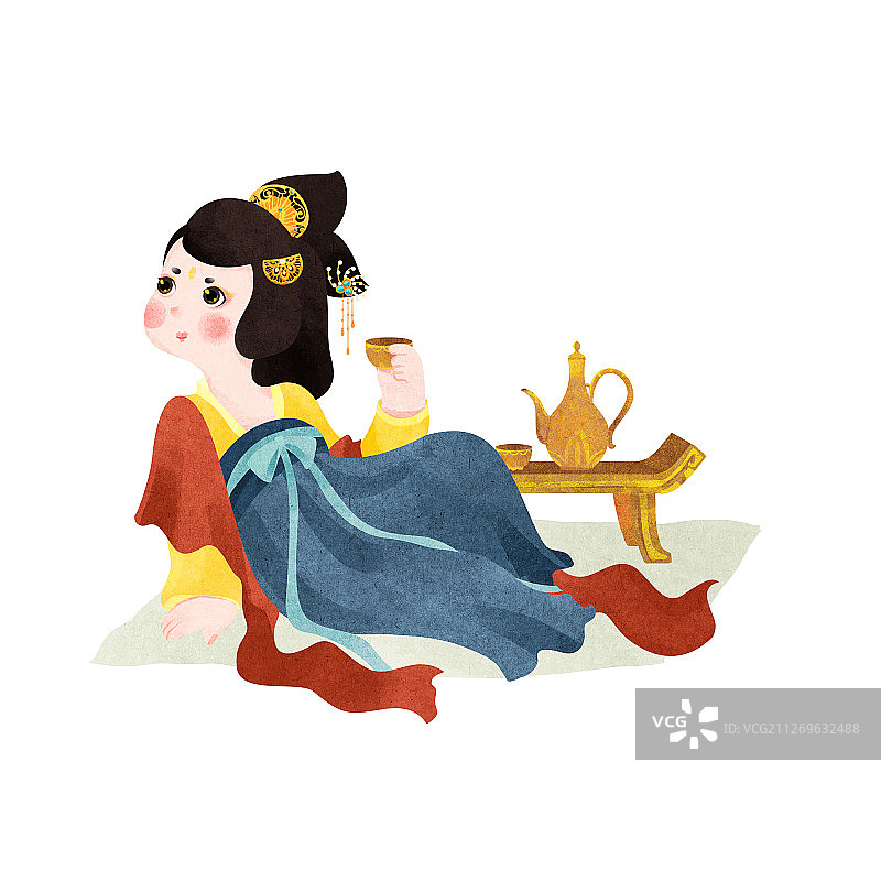 侧躺着喝酒的唐朝美人与酒壶桌子插画图片素材