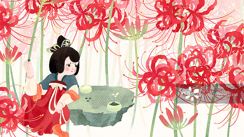 节气霜降彼岸花下石桌旁斜坐下棋的唐朝美人图片素材