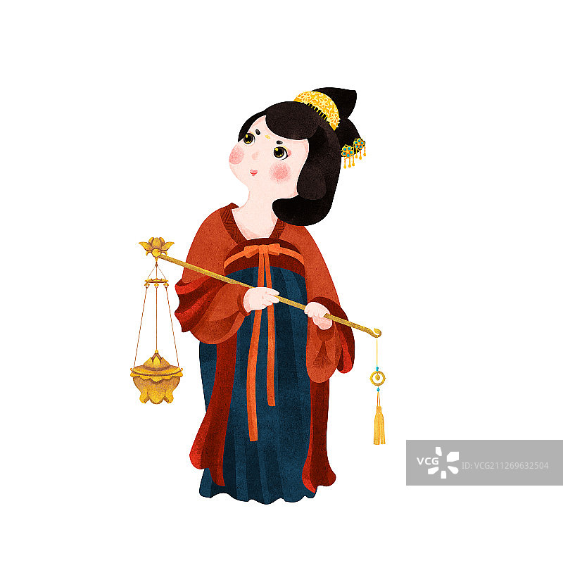 提着香炉的红衣蓝裙唐朝美人插画图片素材