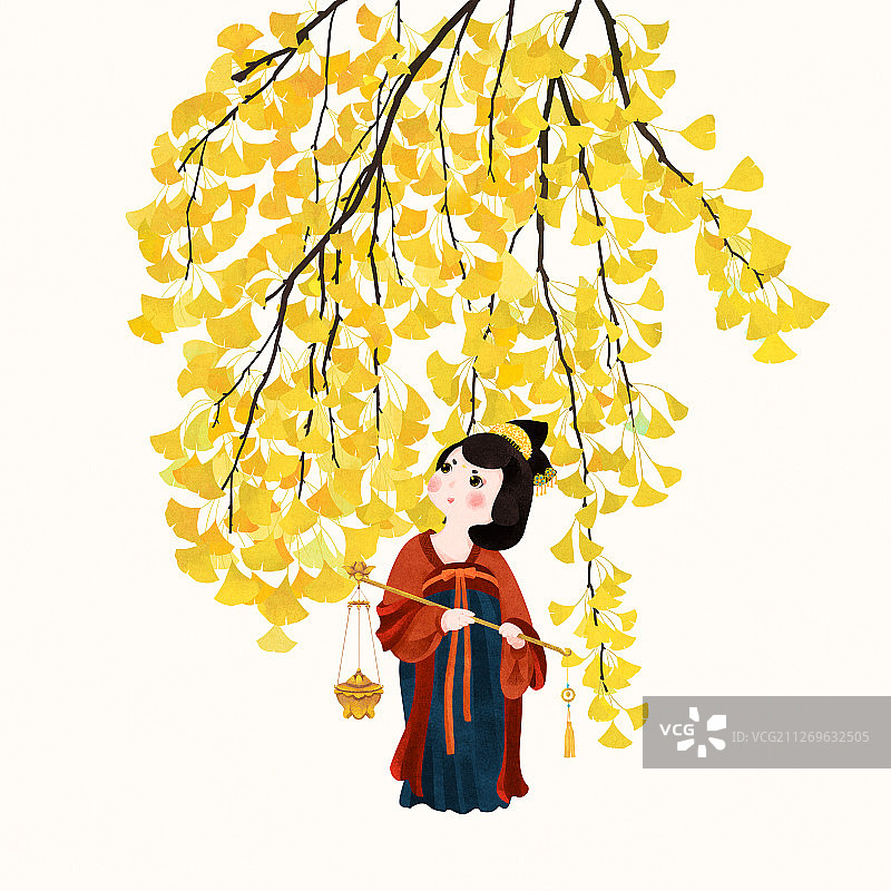 节气立冬在金色银杏叶下提着香炉的唐朝美人图片素材